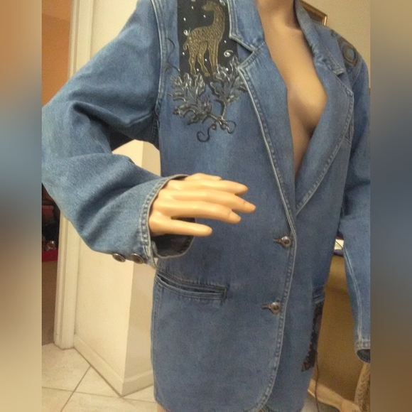 VINTAGE JEAN JACKET BY HAIKS 100%COTTON SZ. LG ANIMAL PAINTINGS POCKETS - Picture 8 of 12